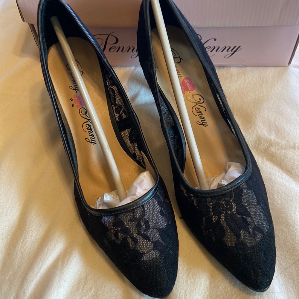 Black dress shoes, with 3” heels